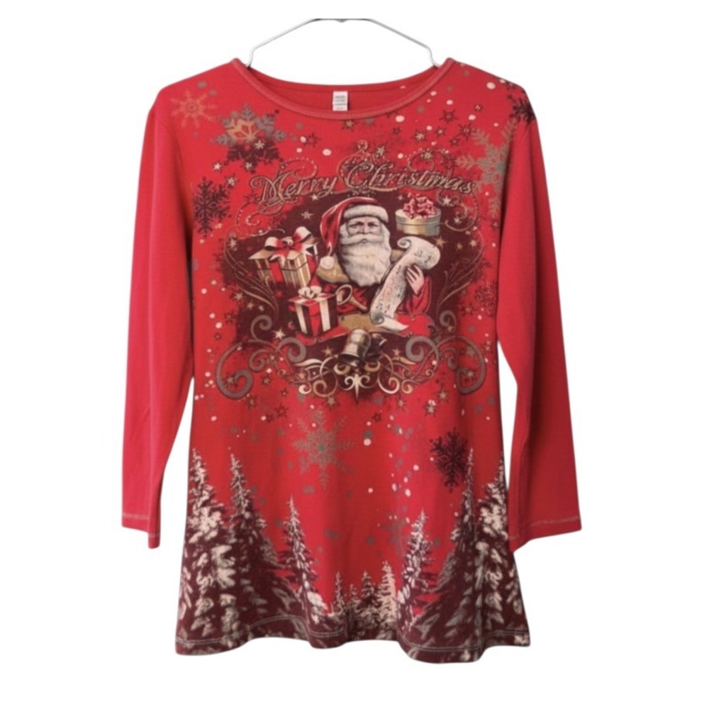 NEW DIRECTIONS Red Knit Top Shirt OLD WORLD SANTA CLAUS Christmas w/Sparkles XL